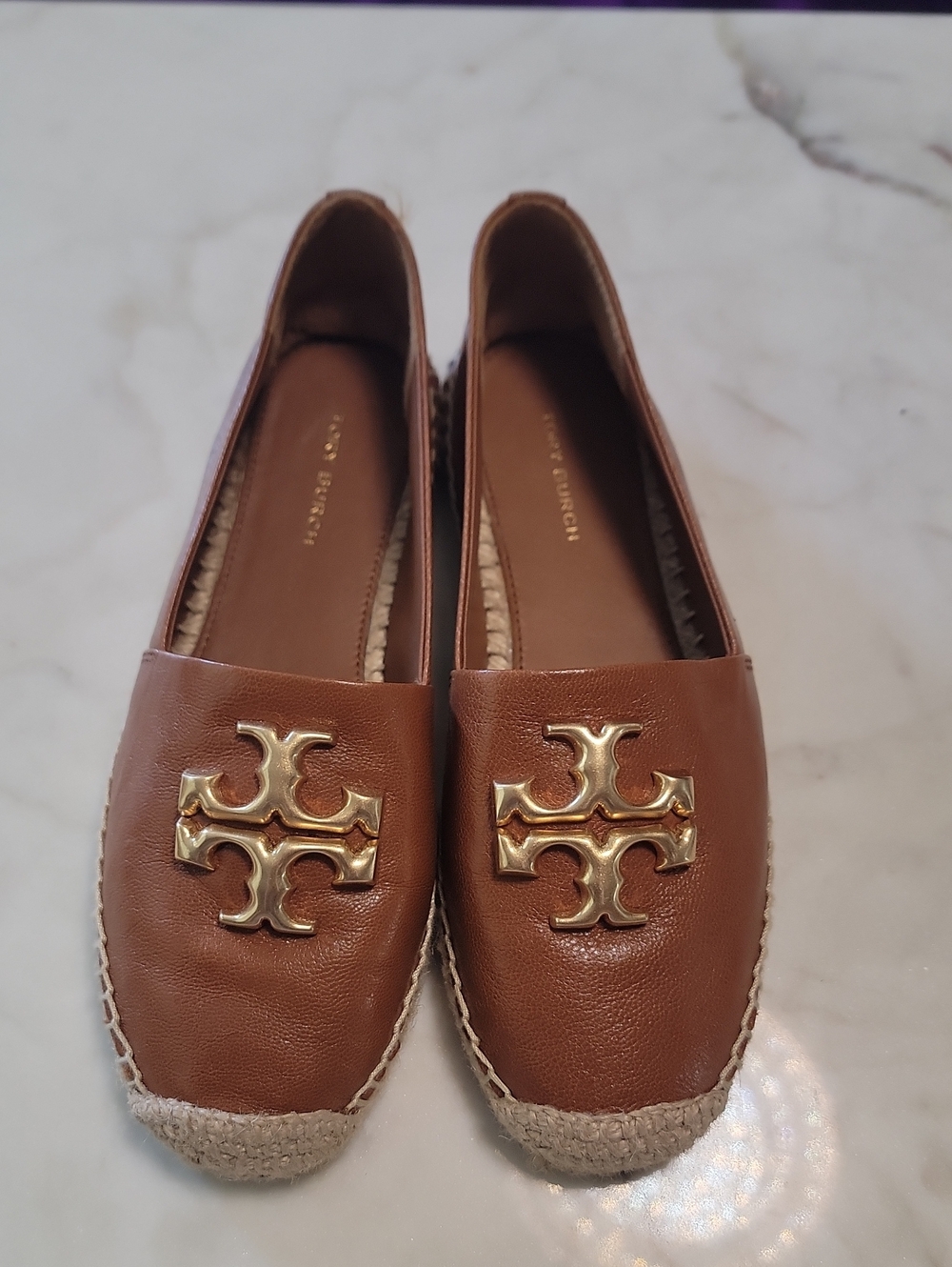 Tory Burch Chestnut Leather Espadrille Flats with Gold Logo